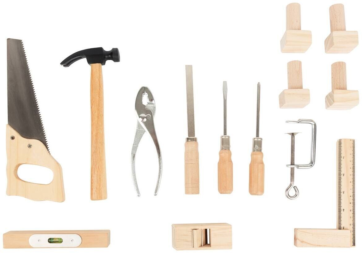 Eine Kinderwerkbank mit echtem Werkzeug bestehend aus einer Säge, einem Hammer, einer Zange, verschiedenen Schraubenziehern, Schraubzwingen, Winkel und weiteren Werkzeugen. Das Werkzeug ist aus Holz und Metall gefertigt.
