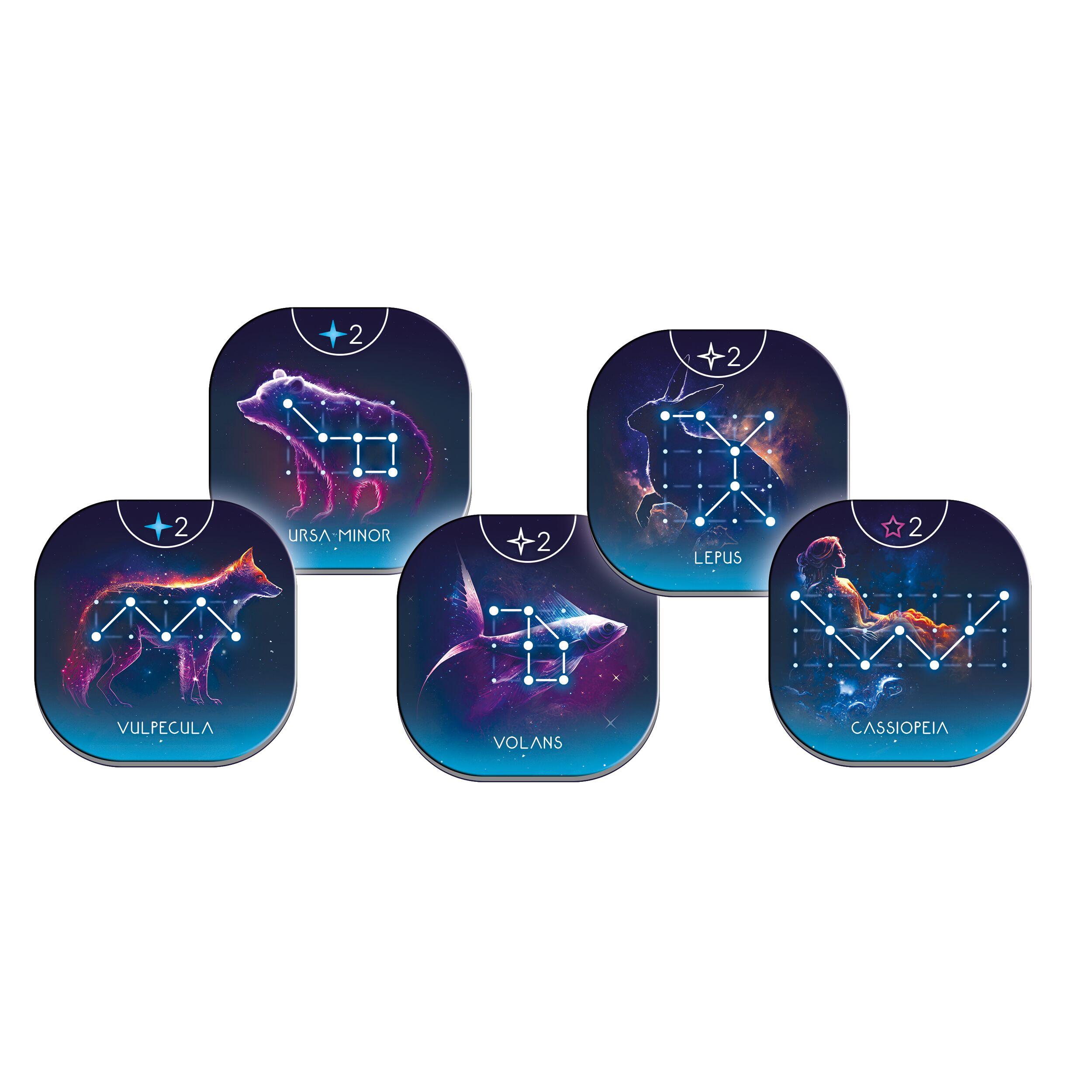 Fünf quadratische Spielsteine des Brettspiels »Star Explorer« auf dunklem Hintergrund. Jede Spielkarte zeigt ein illustriertes Sternbild mit neonleuchtenden Linien und Sternen, darunter Ursaminor, Lepus, Cassiopeia, Vulpecula und Volans. Die Farben sind überwiegend dunkelblau, violett und pink mit weißen Akzenten, passend zum Weltraumthema.