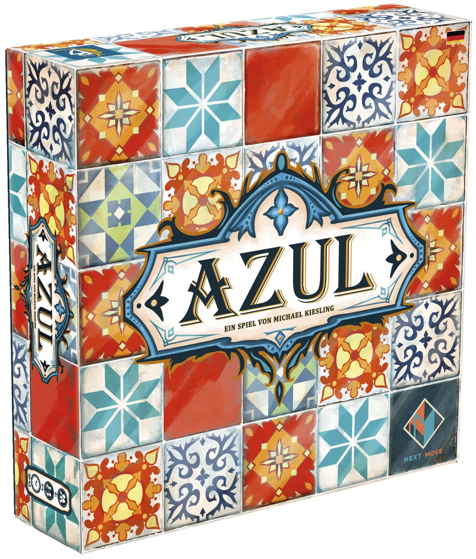 Die Verpackung des Brettspiels 'Azul' zeigt eine dekorative, bunte Mosaikoptik mit Fliesenmustern in Blau, Orange, Weiß und Rosa. In der Mitte befindet sich der Schriftzug 'Azul'.