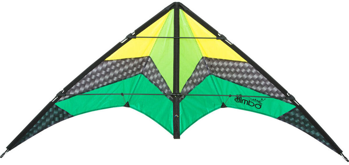 Ein dreieckiger Lenkdrache mit dem Modellnamen »Limbo II Emerald« in den Farben Grün, Gelb und Schwarz. Der Drachen bietet ein modernes Design und ist für Kinder und Jugendliche geeignet.
