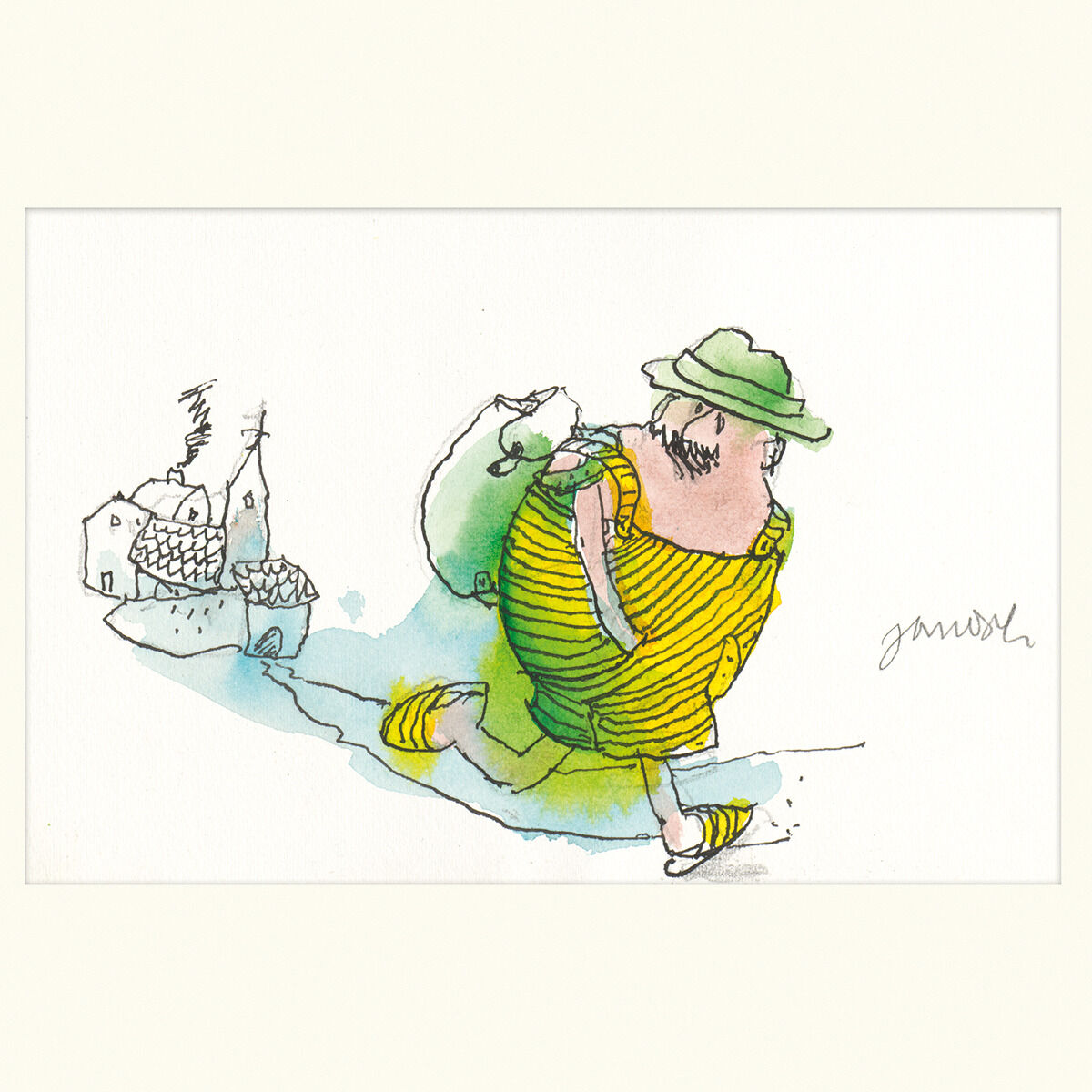 Eine Illustration von Herr Wondrak, einem Charakter von Janosch, der in einem gelben gestreiften Anzug und grünem Hut wandert. Im Hintergrund ist ein Dorf mit weißen Gebäuden zu sehen.
