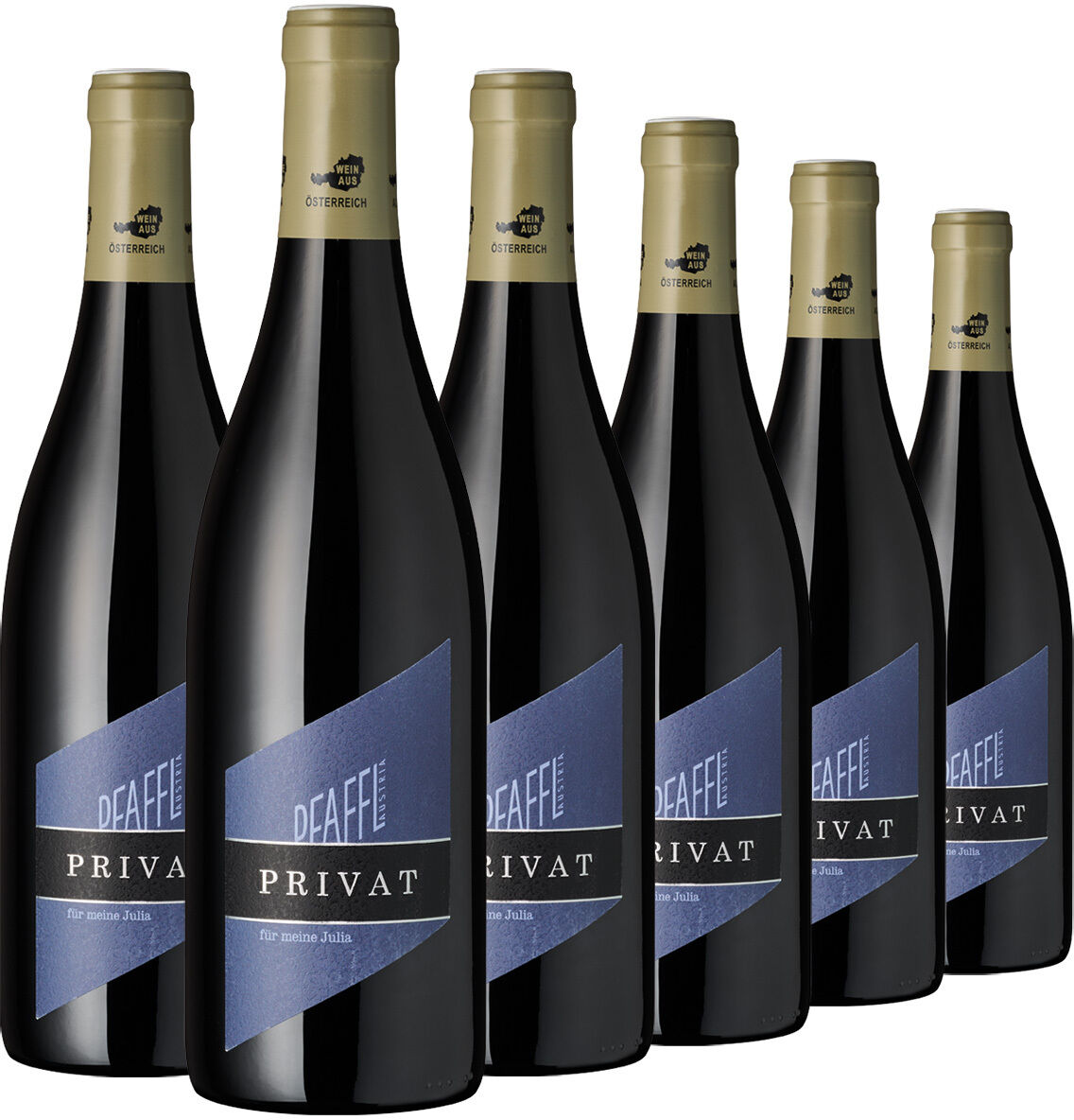 Freigestelltes Produktfoto von sechs dunkelgrünen Rotweinflaschen der Privat Cuvée von Weingut Pfaffl. Die Flaschen stehen gestaffelt auf weißem Grund, mit goldfarbenen Kapseln und dunkelblau-grauen, geometrisch gestalteten Etiketten. Sichtbar sind „PFAFFL“, „PRIVAT“ und „Für unsere Freunde“.