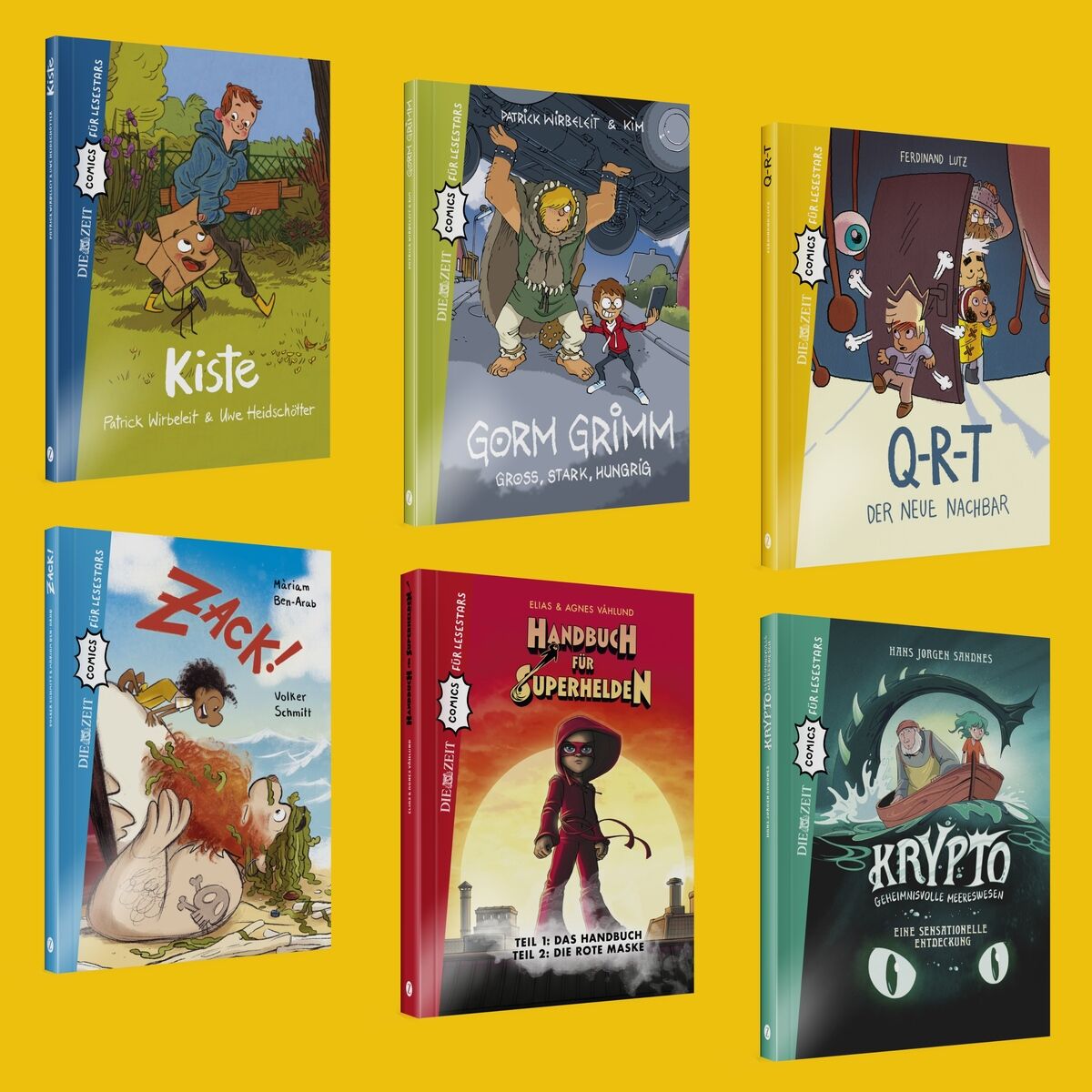 Sechs Comic-Bücher »ZEIT-Edition Comics für Lesestars« sind abgebildet, jeweils mit farbenfrohen und fantasievollen Covern. Die Bücher zeigen verschiedene Abenteuer- und Fantasiewelten und richten sich an Kinder und Jugendliche.