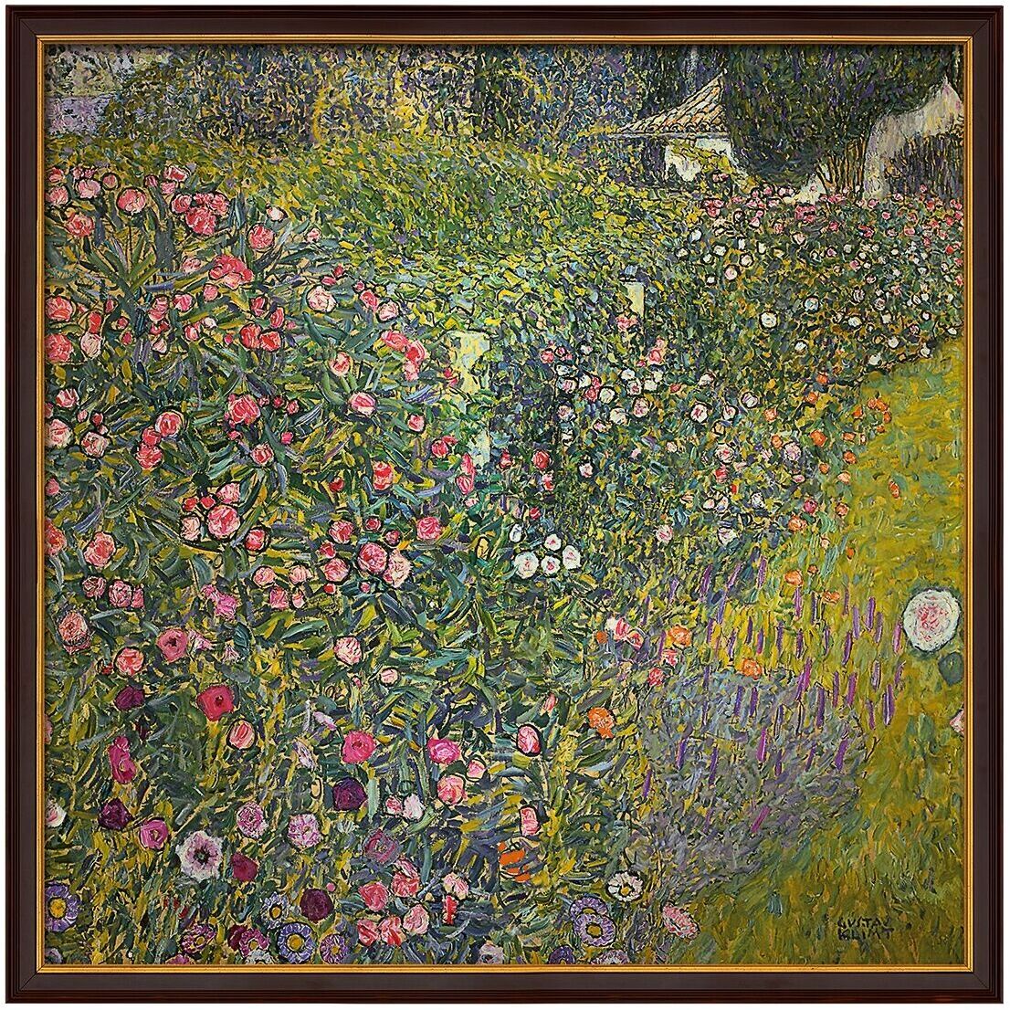 Ein impressionistisches Gemälde von Gustav Klimt mit dem Titel »Italienische Gartenlandschaft«, 1913. Das Bild zeigt eine üppige Gartenlandschaft mit einer Vielzahl von Blumen in lebendigen Farben wie Pink, Weiß, Gelb und Lila, die sich vor einer grünen Kulisse entfalten. Im Hintergrund sind Bäume und ein Haus zu sehen.