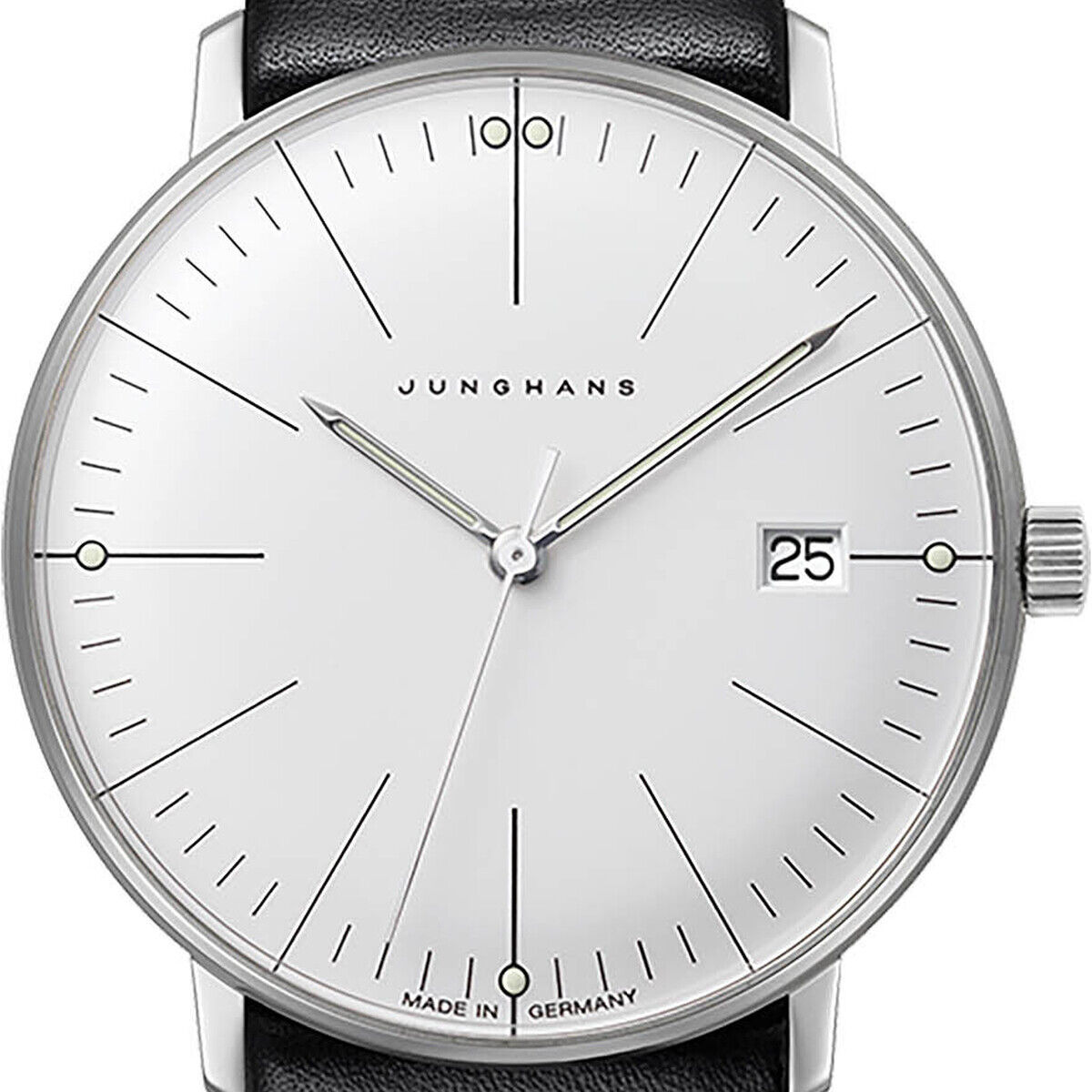 Die Junghans-Uhr »Max Bill Damen« zeigt ein matt versilbertes Zifferblatt mit klaren Indizes, schwarz geradlinigen Zeigern und einem Datumfenster. Das Gehäuse aus Edelstahl ergänzt das schlichte schwarze Lederarmband. Zeitloses Bauhaus-Design, Ø 32,7 mm.