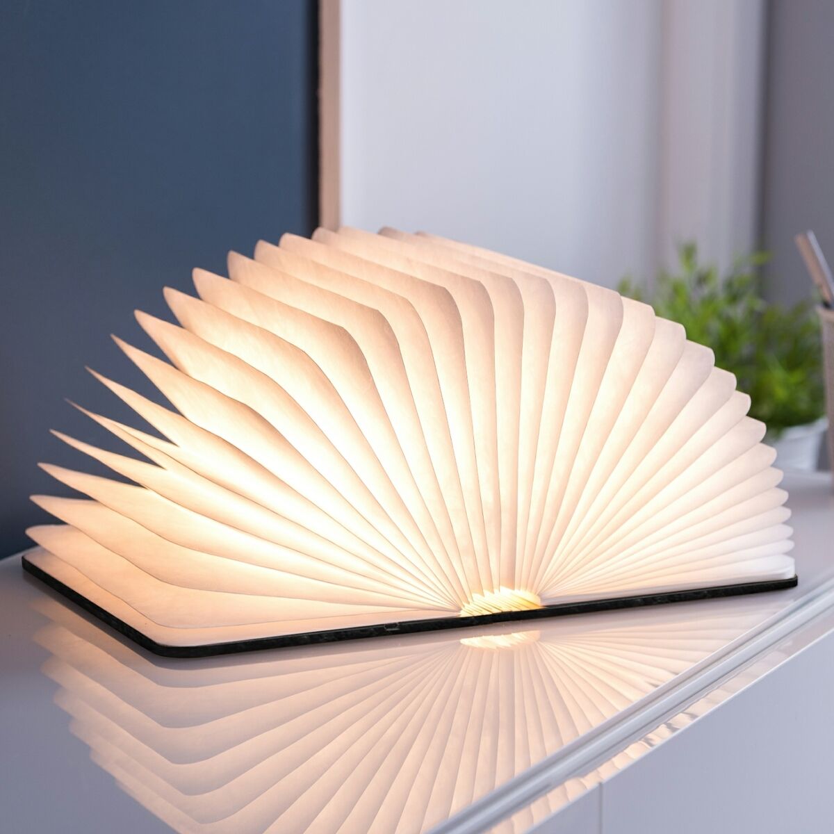 Ein intelligentes Buchlicht in Leder schwarz Design, das auf einem Tisch geöffnet ist und warmweißes Licht ausstrahlt. Die Lampe hat die Form eines aufgeschlagenen Buches. Außen ist sie schwarz und innen weiß beleuchtet. Im Hintergrund sind unscharf eine Pflanze und weitere Einrichtungsgegenstände zu sehen.