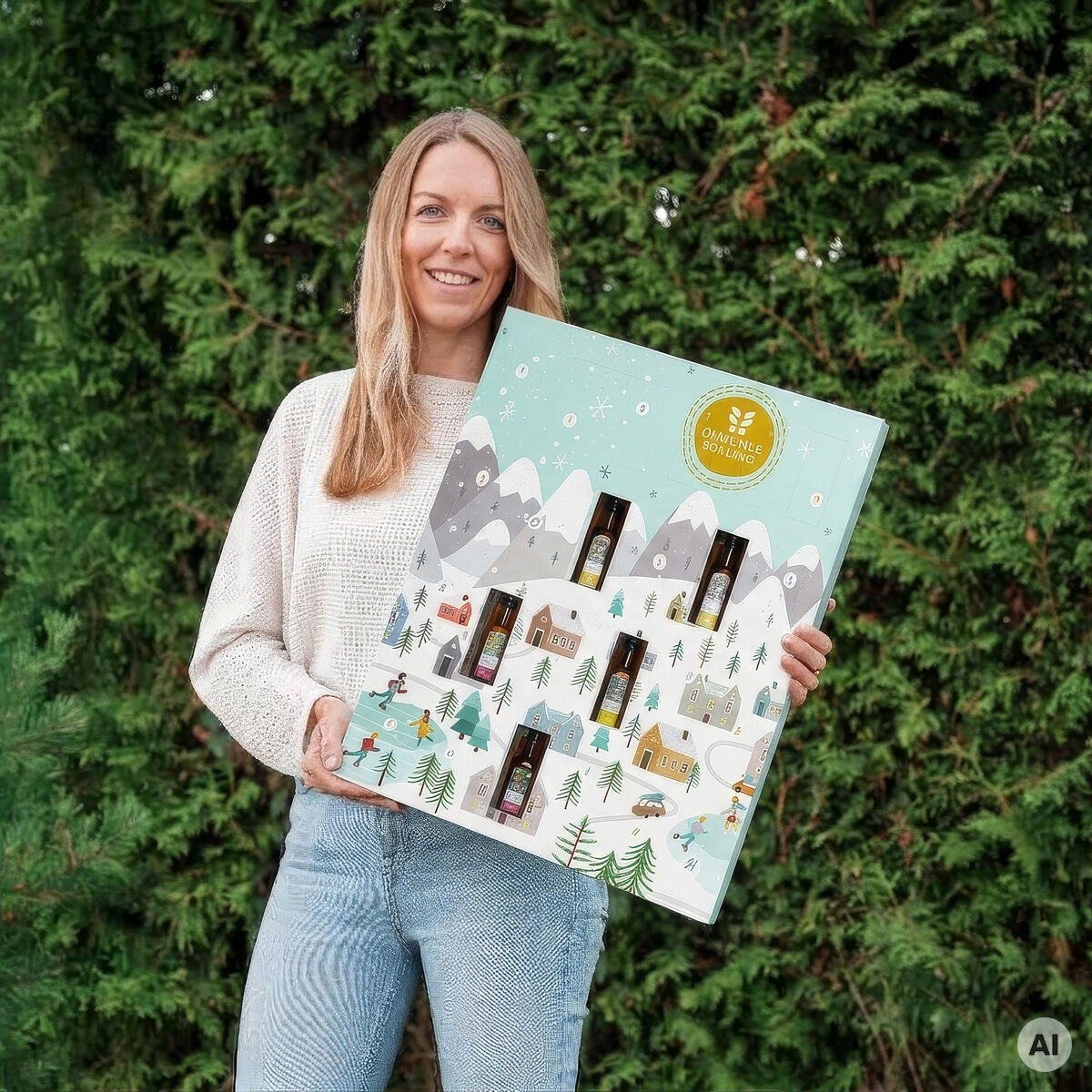 Frau hält den großen Adventskalender »Schlittschuhlaufen« von Ölmühle Solling vor Tannenhecke. Der Kalender zeigt winterliche Landschaft mit Bergen, Häusern, Tieren und Türchen mit Mini-Ölflaschen. Illustration in hellen, freundlichen Farben gestaltet.