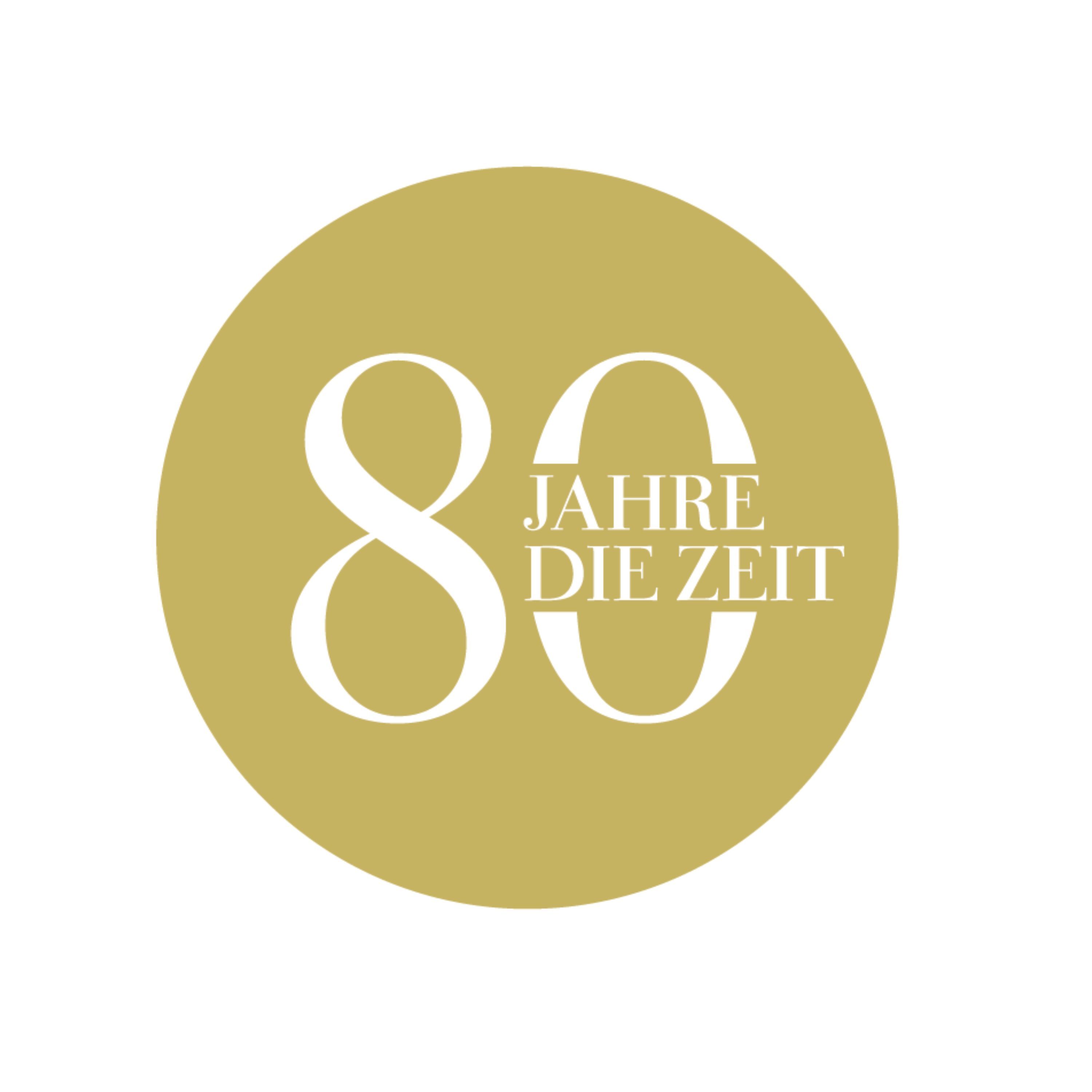Link zur Bücher-Kategorie 80 Jahre DIE ZEIT: Rundes, goldfarbenes Logo mit weißer Aufschrift in eleganter Schrift: Zahl „80“ groß, in der rechten Null steht „Jahre DIE ZEIT“.