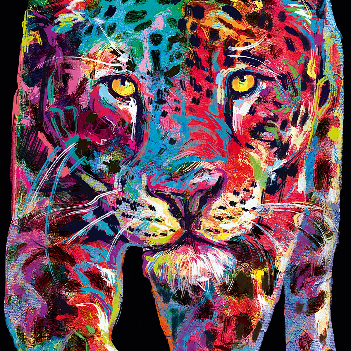 Das Bild zeigt einen detailreich gemalten Leopardenkopf vor neutralem, hellgrauem Hintergrund. Die Fellzeichnung mit schwarzen Flecken und gelb-braunen Schattierungen wirkt realistisch und lebendig. Die Augen des Leoparden sind markant hervorgehoben und verleihen dem Kunstwerk Ausdrucksstärke.