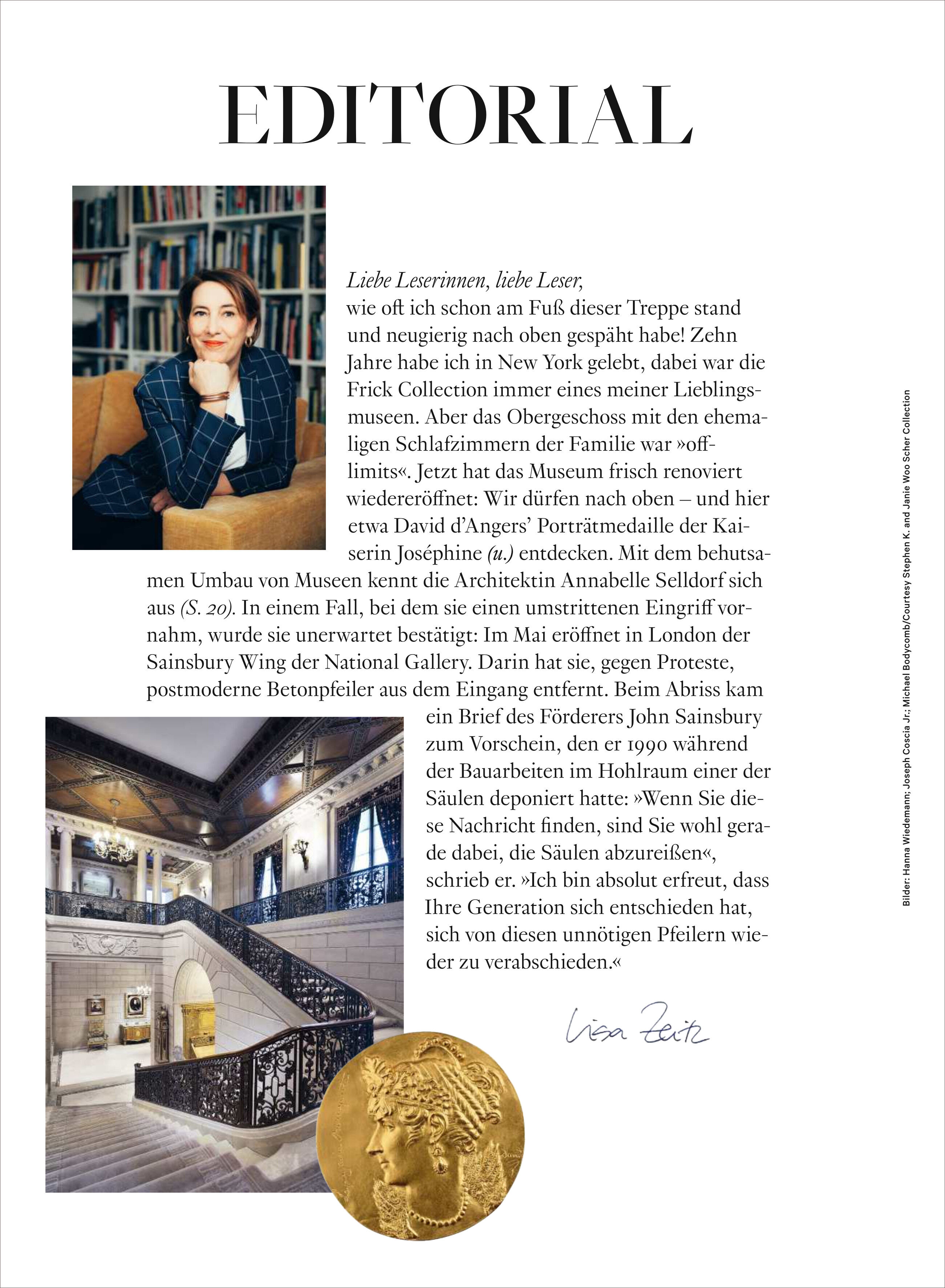 Seite eines Magazins mit dem Titel 'Editorial', einem Porträt einer Person, einem goldenen Medaillon und einem Bild einer kunstvollen Treppe in einem alten Gebäude. Der Text richtet sich an Leser von Weltkunst und beschreibt interessante historische und kulturelle Themen.