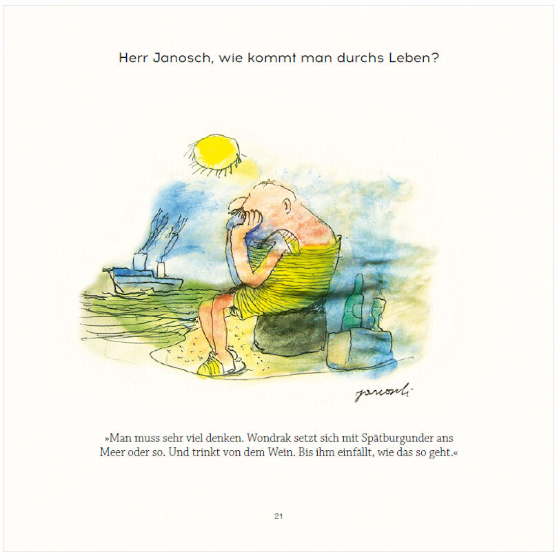 Illustration aus dem Buch „Herr Janosch, wie feiert man sich selbst?“, zeigt eine gezeichnete Figur in Gelb, die sich am Strand sitzend die Augen bedeckt, während die Sonne scheint. Ein Schiff und das Meer sind im Hintergrund zu sehen.