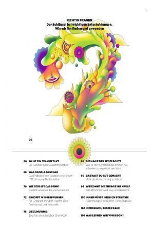Bunte, abstrakte, florale Grafik in leuchtenden Farben dominiert die obere Mitte. Darunter Inhaltsverzeichnis mit deutschen Titeln und Seitenzahlen auf weißem Hintergrund. Oben Überschrift zu Entscheidungsfindung, unten nummerierte Artikel zu Wissensthemen.