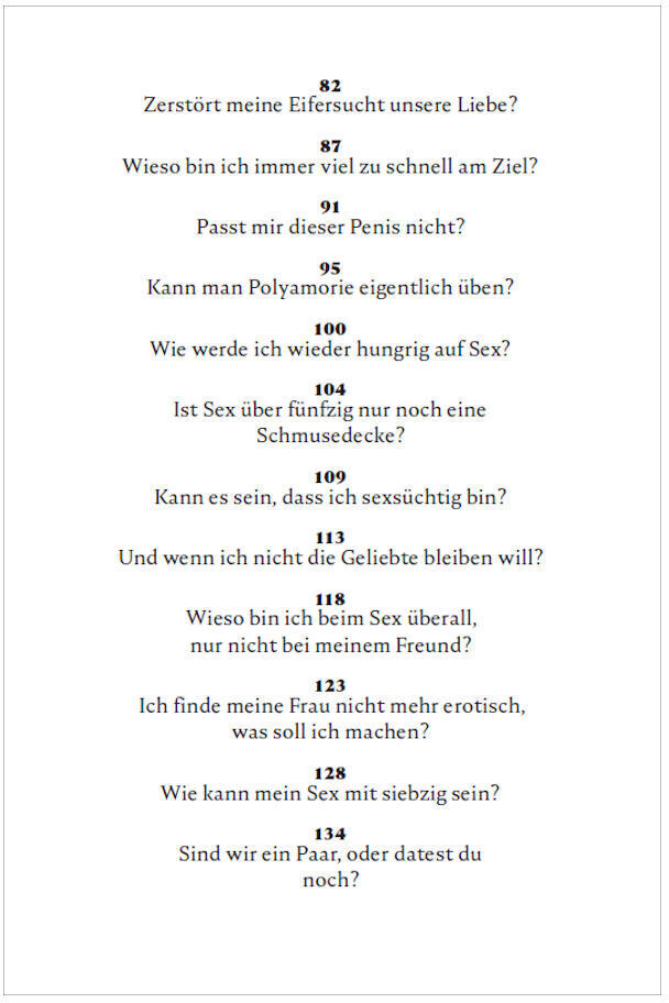 Ein Buchseite von 'Schlafzimmerblick' zeigt eine Liste von nummerierten Fragen im Bereich der Liebes- und Sexualbeziehungen auf weißem Hintergrund. Es sind schwarze Texte aufgedruckt.