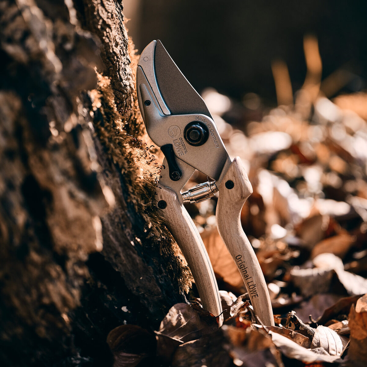 Eine Original Löwe Hybrid Schere lehnt an einem Baumstamm, im Vordergrund liegen Herbstblätter. Das Foto betont das ergonomische Design und die robuste Verarbeitung der Gartenschere mit hellem Holzgriff, aufgenommen bei natürlichem Licht im Freien.