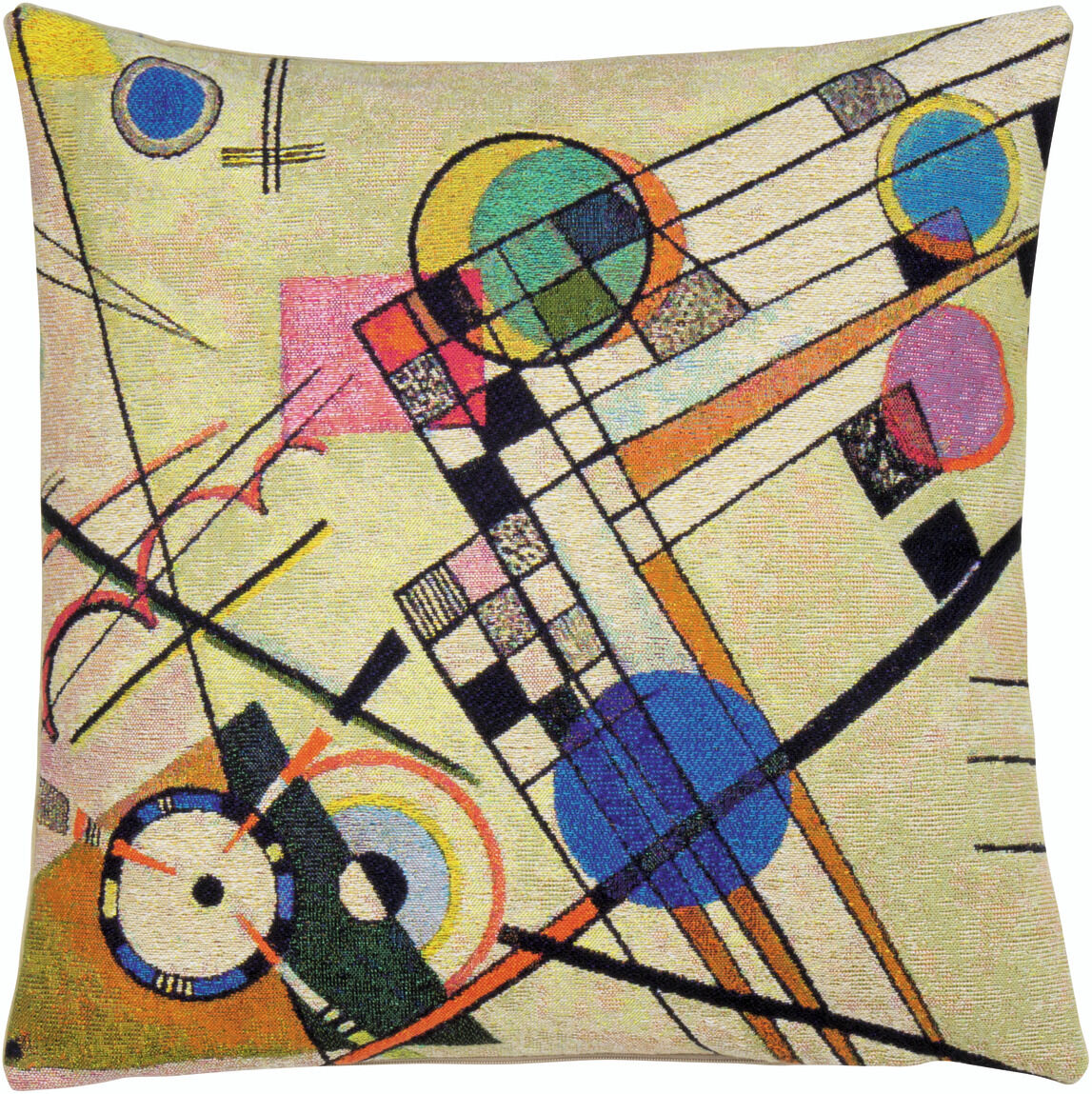 Kissenhülle mit dem Design »Komposition VIII« von Wassily Kandinsky, zeigt ein farbenfrohes, abstraktes Kunstwerk mit geometrischen Mustern und verschiedenen Farben wie Blau, Gelb, Rot und Grün.