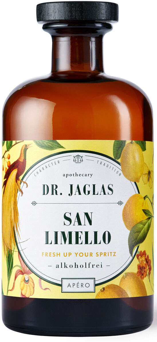 Flasche des alkoholfreien Aperitifs »San Limello« von Dr. Jaglas, mit braunem Glas und einem Etikett, das Zitronen und grüne Blätter zeigt.