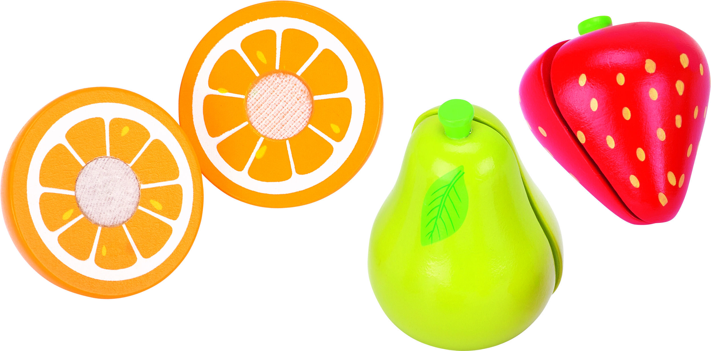 Abbildung von Holzspielzeug in Form von Obst: zwei orangefarbene Orangenscheiben, eine grüne Birne und eine rote Erdbeere mit gelben Punkten. Alle Teile bestehen aus lackiertem Holz, geeignet als Zubehör für einen Kinder-Holz-Standmixer. Das Spielzeug fördert kreatives Spielen und ist für Kinder ab ca. 3 Jahren geeignet.