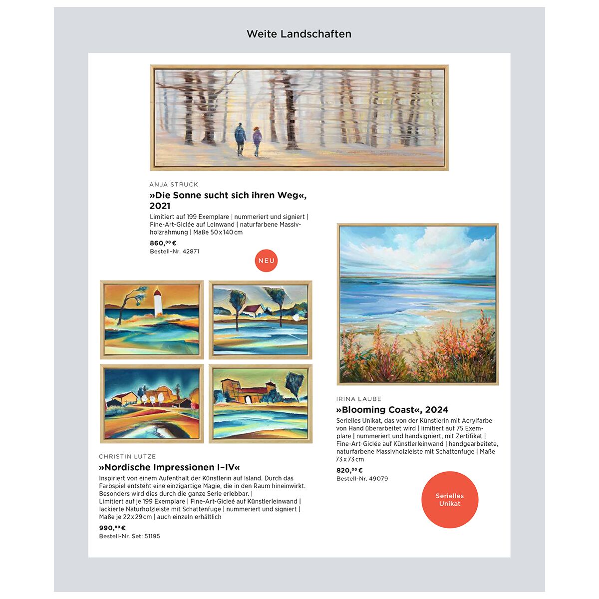 Auf einer Katalogseite werden fünf farbenfrohe Landschaftsgemälde abgebildet, darunter eine große Arbeit mit Bäumen und Figuren am See, vier kleinere maritime Landschaften mit Leuchtturm und ein wogendes Blumenfeld. Dazu kurze Informationen zu Künstlerinnen, Titeln, Maßen und Techniken.