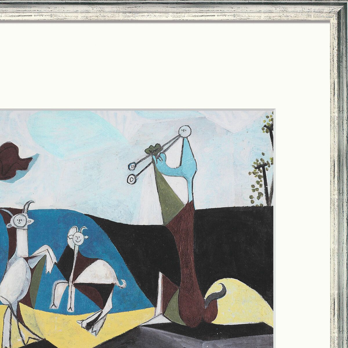 Gerahmte Reproduktion von Pablo Picassos »Die Freude des Lebens«, 1946. Darstellung tanzender, mythologischer Figuren in stilisiertem, kubistischen Stil. Leuchtende Farben, überwiegend Blau, Gelb und Weiß, mit musikalischer Szenerie und sonniger Atmosphäre.