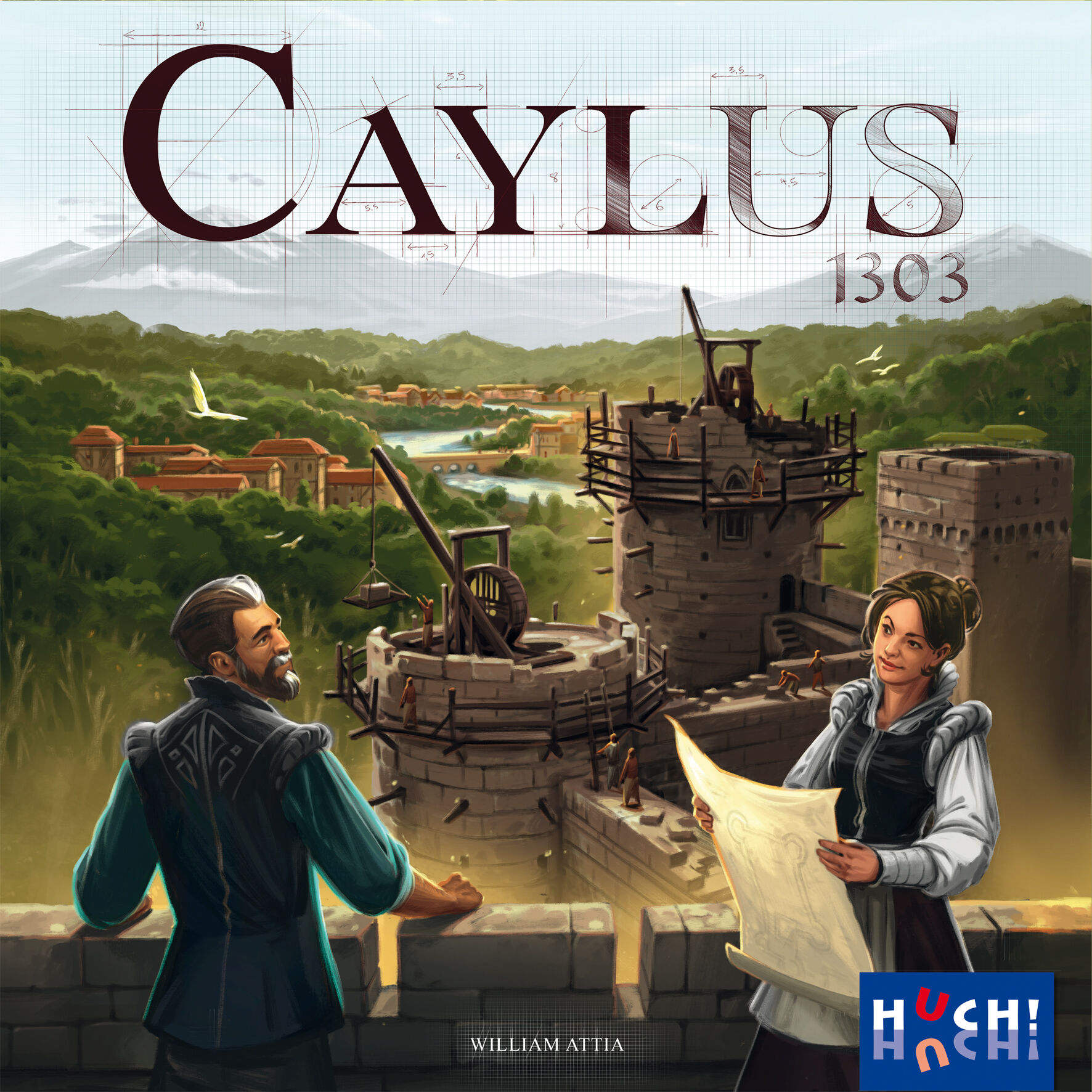 Cover des Brettspiels »Caylus 1303«; im Vordergrund stehen zwei Personen vor einer mittelalterlichen Burg, eine Frau hält einen Bauplan, im Hintergrund sind weitere Gebäude und grüne Landschaft zu sehen. Das Logo von HuCh! ist unten rechts abgebildet.
