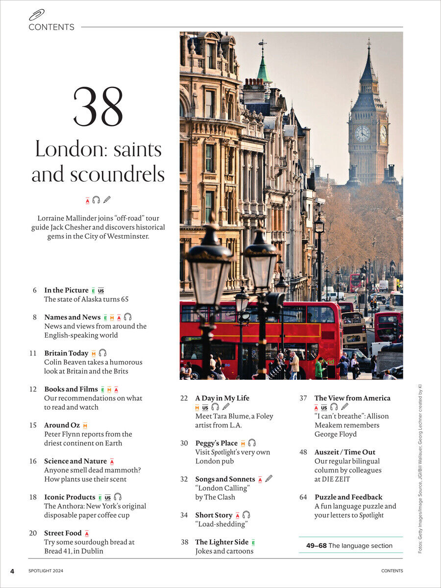 Titelbild des Spotlight Magazins Ausgabe 10/2024, welches eine Stadtlandschaft von London zeigt, mit dem Big Ben im Hintergrund und dichtem Straßenverkehr sowie historischen Gebäuden im Vordergrund