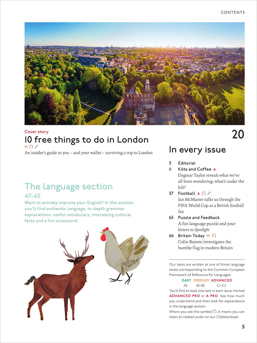 Magazinseite mit Panoramafoto von London im Sonnenlicht, darunter eine Themenübersicht und Inhaltsverzeichnis. Im unteren Bereich sind eine gezeichnete Elchfigur und ein Huhn abgebildet. Hellgrüne, gelbe und braune Farbtöne dominieren das Design.