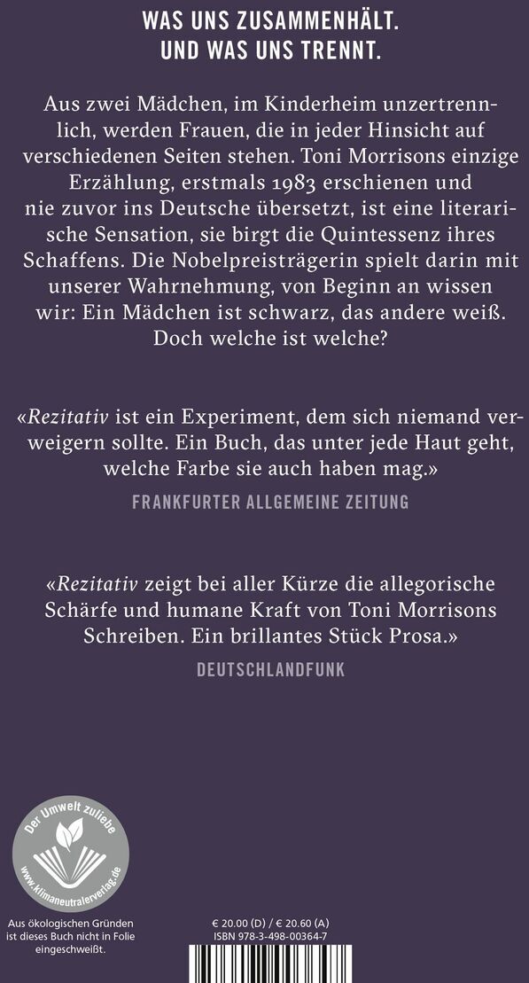 Das Bild zeigt das deutschsprachige Buchcover von Toni Morrisons 'Rezitativ'. Der Hintergrund ist dunkelblau, mit weißem Text und Zitaten in verschiedenen Schriftgrößen beschrieben. Ein Zitat stammt von der 'Frankfurter Allgemeinen Zeitung'. Unten rechts ist das Logo des Verlags 'C.H. Beck'.