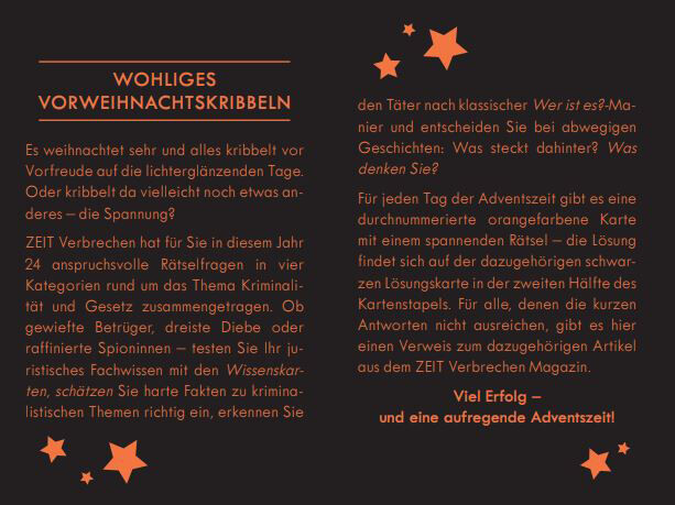 Eine Adventskarte von ZEIT Verbrechen mit dem Titel 'Wohliges Vorweihnachtskribbeln'. Die Karte hat einen schwarzen Hintergrund, orangefarbene Sterne und weißen Text, der spielerische, kriminalistische Rätsel während der Adventszeit beschreibt.