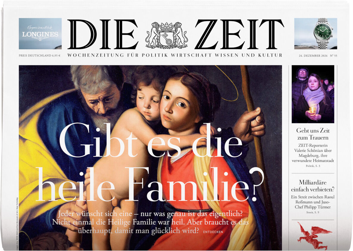 Titelblatt der Wochenzeitung DIE ZEIT 55/2024, mit einem Bild von einer heiligen Familie im Hintergrund und der Frage 'Gibt es die heile Familie?' auf der Vorderseite.