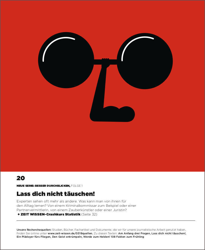 Das Cover des ZEIT WISSEN Magazins 3/19 trägt den Titel 'Lass dich nicht täuschen!' und zeigt eine stilisierte Illustration auf rotem Hintergrund.
