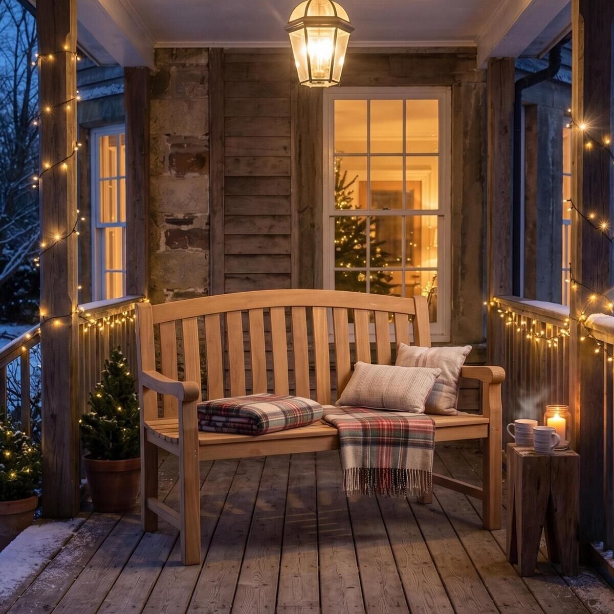 Auf einer hölzernen, überdachten Veranda steht die Gartenbank »Swindon« von bene living. Sie ist mit Kissen und Decken dekoriert. Warmweiße Lichterketten schmücken Geländer und Lampen, kleine Tannenbäume stehen rechts und links, winterliche Abendstimmung mit Schnee im Hintergrund.