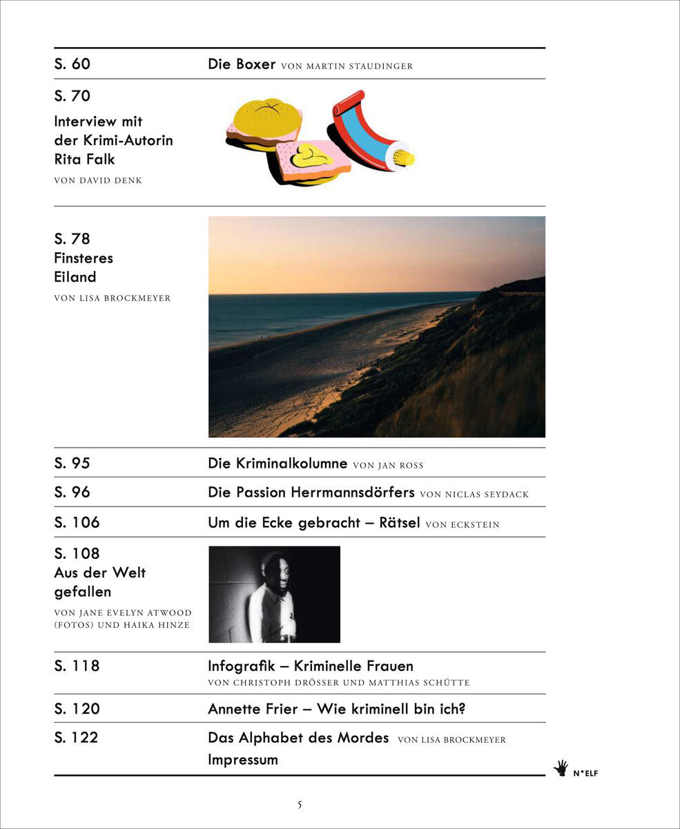 Das Bild zeigt die Titelseite des Magazins 'ZEIT VERBRECHEN 11/21'. Es sind verschiedene Artikel und Interviews aufgelistet, darunter 'Die Boxer' von Martin Staudinger und ein Interview mit der Krimi-Autorin Rita Falk. Ein Foto einer Meeresküste bei Sonnenaufgang ist auch vorhanden. Die Titelseite verwendet hauptsächlich die Farben Weiß, Schwarz, Gelb, Rot, Blau und Beige.