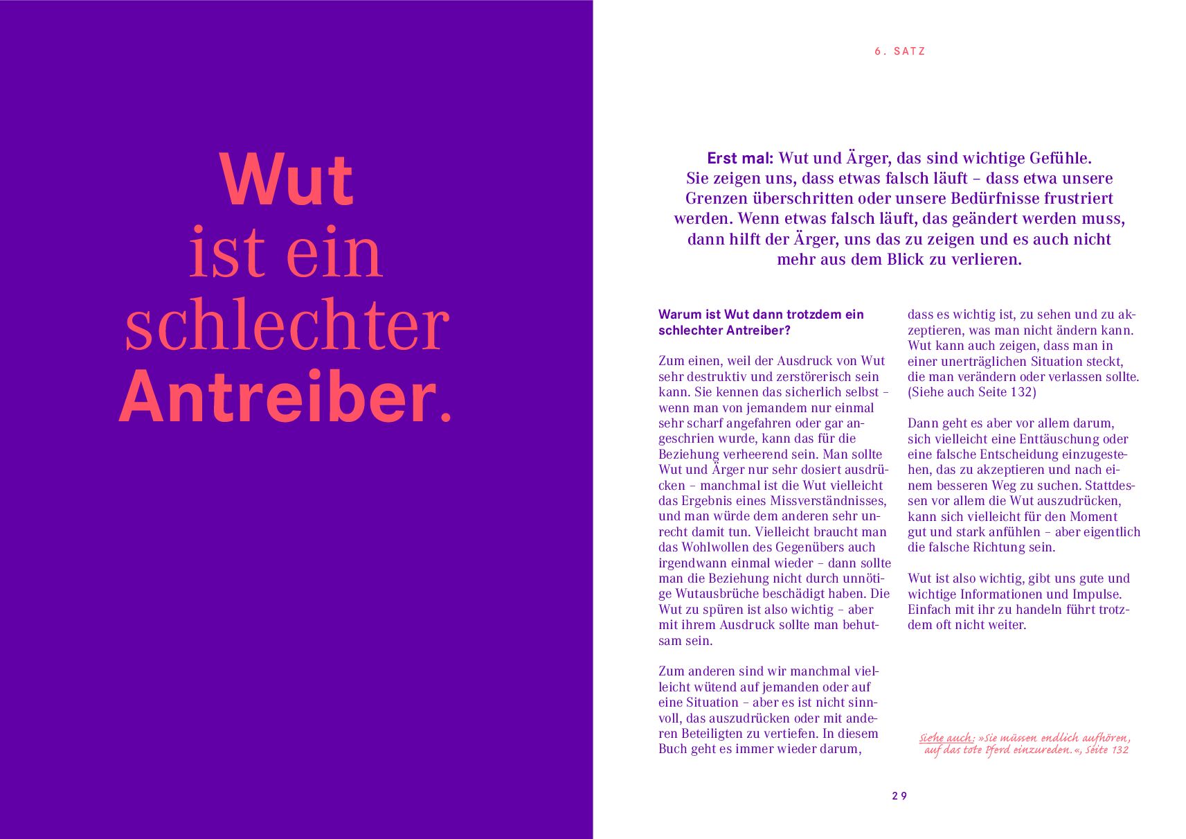 Das Bild zeigt eine aufgeschlagene Seite des Buchs »In der Komfortzone wächst nichts.«, links mit lila Hintergrund und orangefarbenem Zitat »Wut ist ein schlechter Antreiber.«, rechts Fließtext auf weißem Hintergrund mit orangefarbenen und lila Überschriften.