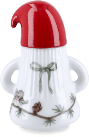 Porzellanfigur einer Weihnachtsfrau aus der Hammershøi-Kollektion von Kähler Design. Die Figur trägt eine rote Mütze und einen weiß verzierten Mantel mit grünen Zweigen und braunen Zapfen, geeignet als festliche Dekoration für die Weihnachtszeit.