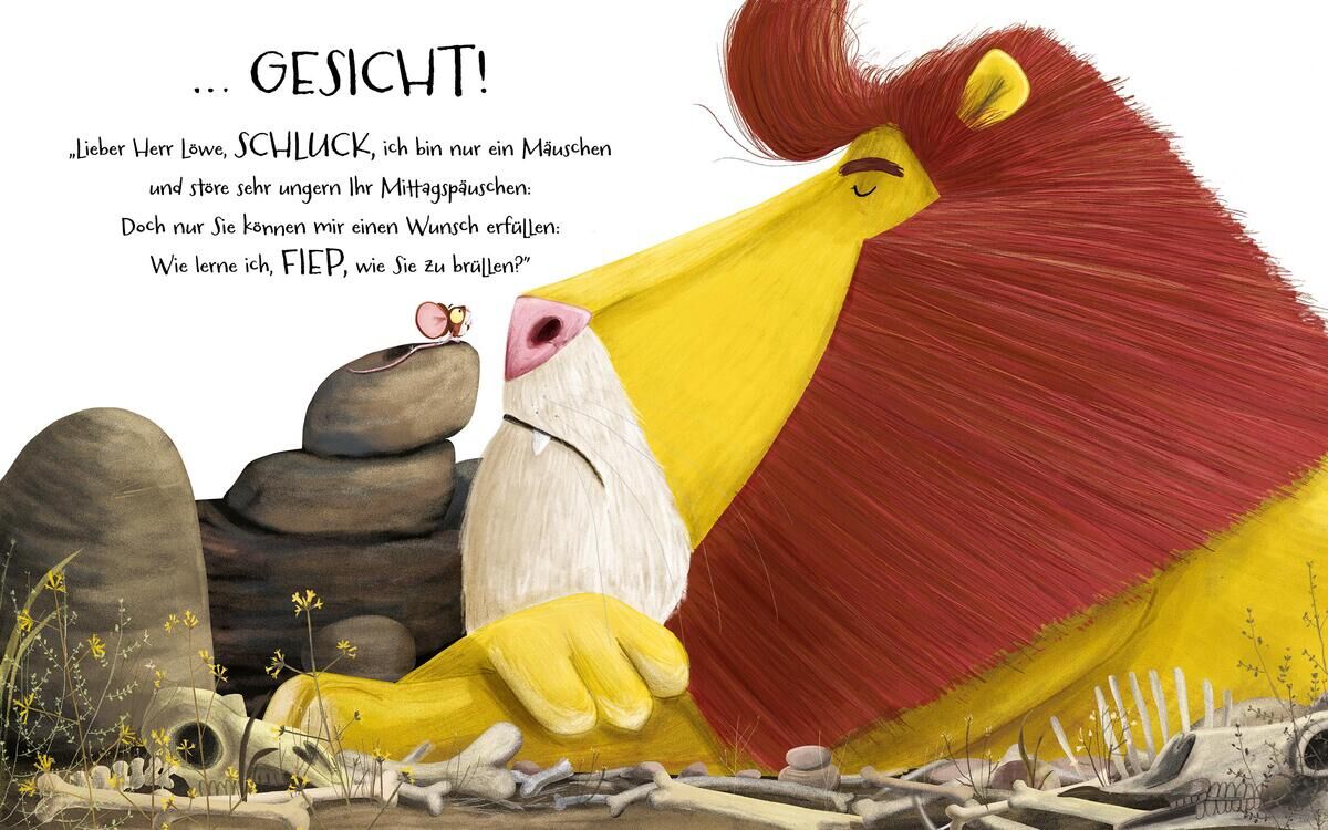 Illustration aus dem Kinderbuch 'Der Löwe in dir' zeigt einen großen, gelben Löwen mit roter Mähne, der auf einem Felsen sitzt und einem kleinen Mäuschen gegenübersteht. Der Hintergrund ist eine Wüstenlandschaft mit verschiedenen Felsen und Pflanzen.