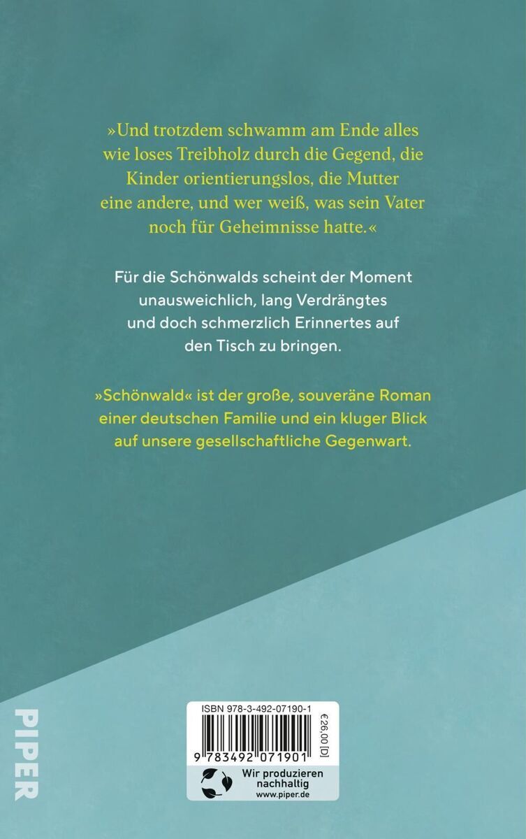 Rückseite des Buches 'Schönwald' von Philipp Oehmke, veröffentlicht vom Piper Verlag. Der Buchrücken und die Beschreibung sind in grünem und gelbem Text auf einem grünen Hintergrund dargestellt.