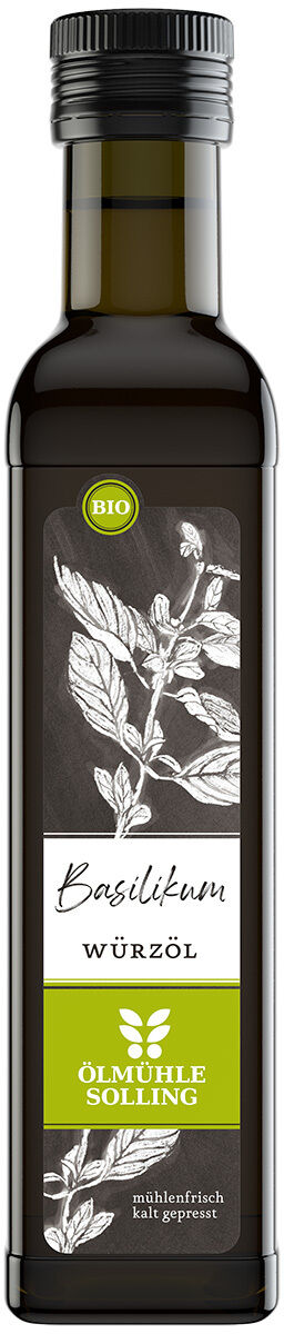 Abgebildet ist eine 250-ml-Glasflasche Ölmühle Solling Bio Basilikum Würzöl. Das Etikett zeigt eine weiße Basilikumzeichnung auf schwarzem Grund, darunter Markenlogo in Grün. Die Flasche ist eckig und dunkel, mit silber-schwarzem Schraubverschluss.