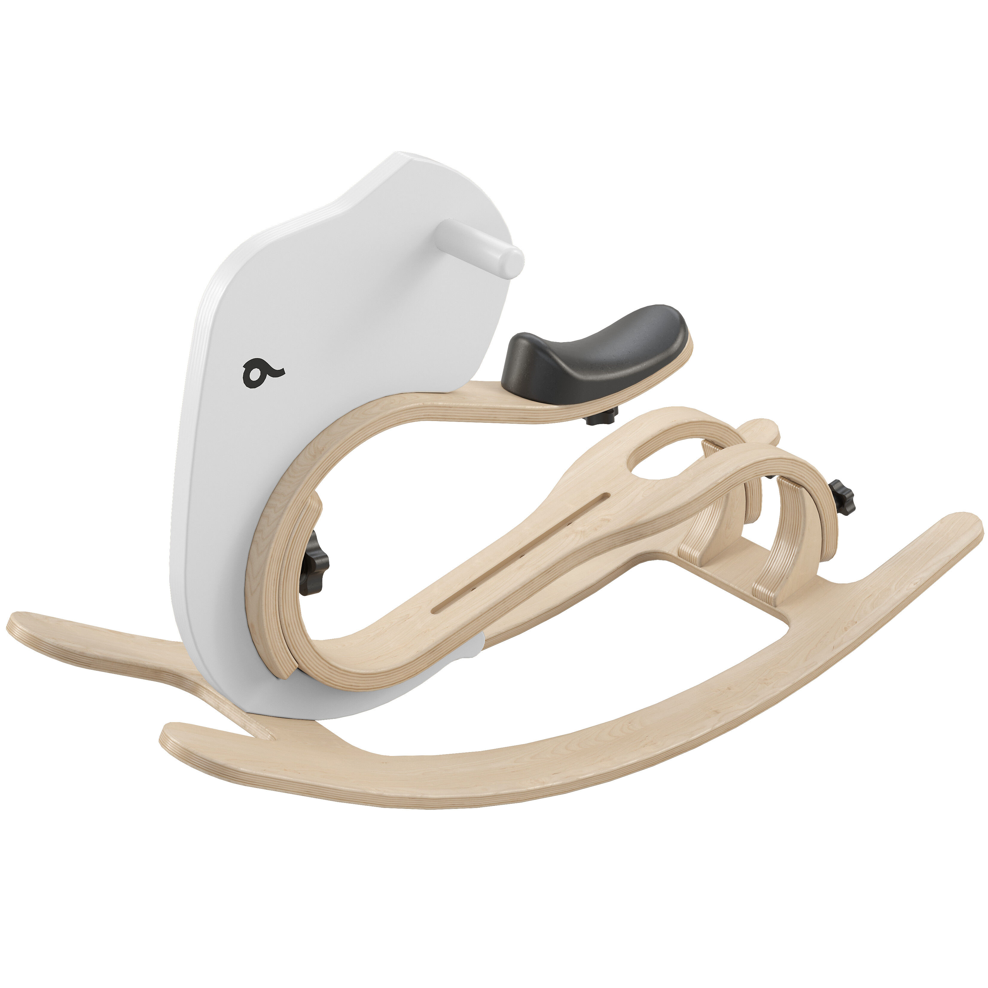 Abbildung eines Schaukeltier-Aufsatzes in Elefantenform aus hellem Holz mit weißen und schwarzen Details, geeignet zur Erweiterung eines Balance Bikes für Kinder.