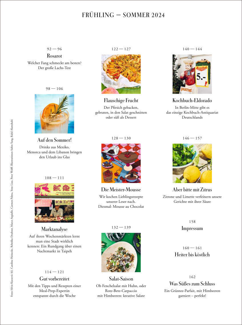 Überblick der Inhaltsseiten des ZEITmagazin WOCHENMARKT 6/24 für Frühling und Sommer 2024 mit Kapitelüberschriften, Bildern von Gerichten und Seitenzahlen.