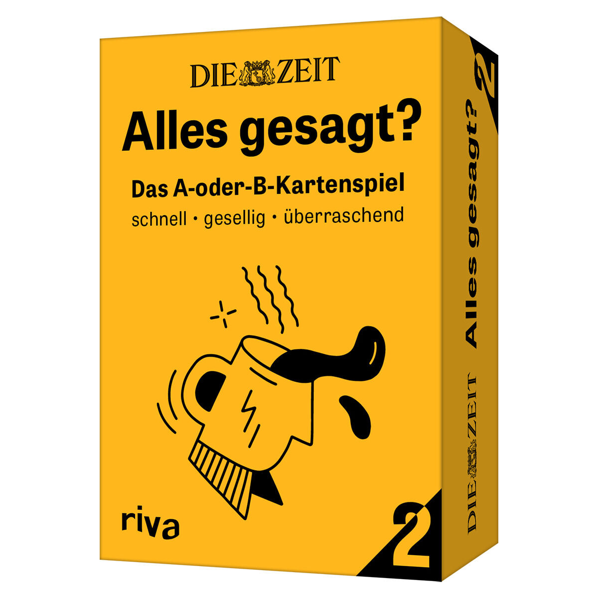 Das Bild zeigt das Kartenspiel »Alles gesagt?« 2 von DIE ZEIT. Die rechteckige Verpackung ist hauptsächlich gelb mit schwarzen und weißen Details sowie der Aufschrift: 'Das A-oder-B-Kartenspiel schnell, gesellig, überraschend'. Ein illustratives Gesicht mit offenen Mund und Händen an den Wangen ist ebenfalls abgebildet.