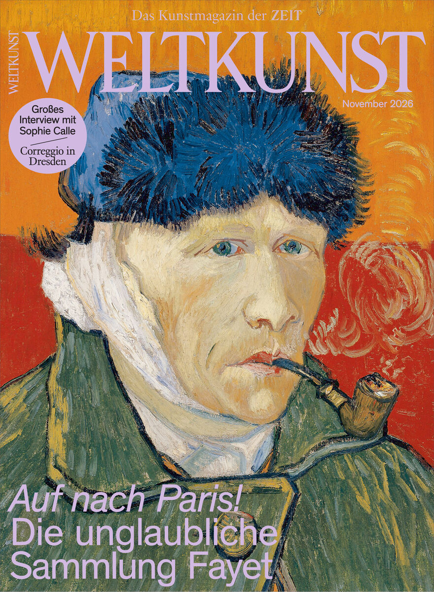 Titelblatt des Kunstmagazins WELTKUNST, November 2026. Zu sehen ist Vincent van Goghs gemaltes Selbstporträt mit dunkelblauem Fellhut, grüner Jacke und Pfeife vor orange-rotem, floral gemustertem Grund. Überschrift: „Auf nach Paris! Die unglaubliche Sammlung Fayet“. Links ein Hinweis auf Sophie Calle und Correggio in Dresden.