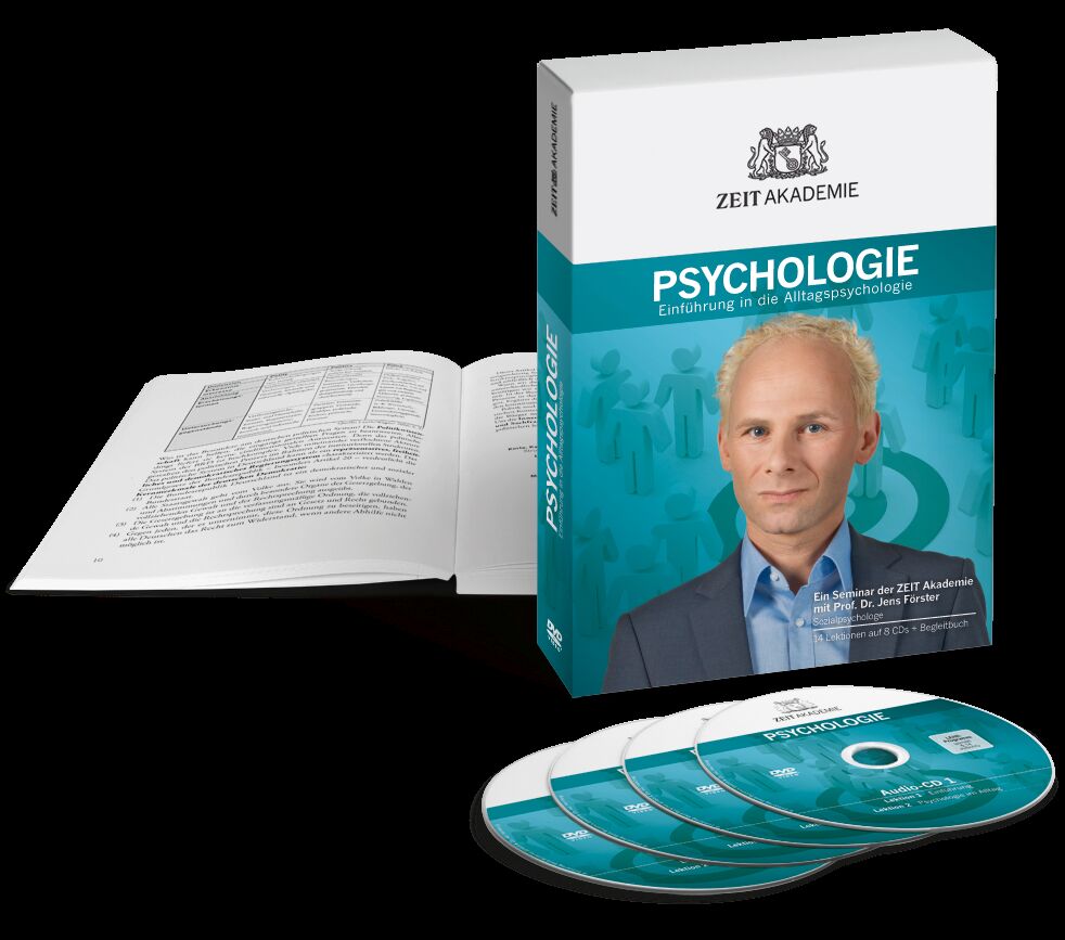 Das Bild zeigt das Psychologie-Seminar von Zeit Akademie. Es besteht aus einem aufgeschlagenen Buch, einem geschlossenen Buch, und vier CDs. Das Cover ist in Weiß, Blau und Grün gestaltet und zeigt ein Portrait eines Mannes. Der Titel des Seminars lautet »Psychologie - Einführung in die Alltagspsychologie«.