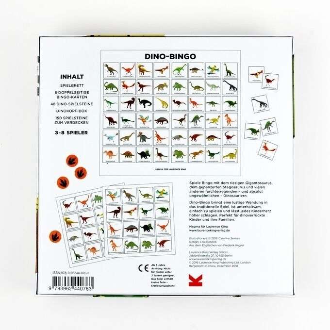 Spielverpackung von 'Dino-Bingo' mit Bildern von Dinosauriern auf Spielkarten und Informationen zum Spielinhalt auf der Rückseite.
