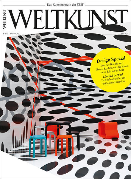 Cover der WELTKUNST 190/21 Design Spezial Ausgabe, mit einem auffälligen, grafischen Design in schwarz-weiß mit roten und blauen Akzenten. Der Titel und weitere Informationen wie 'Design Spezial' und Interviews mit Künstlern sind auf dem Cover abgebildet. Ein gelber Kreis hebt besondere Inhalte hervor.