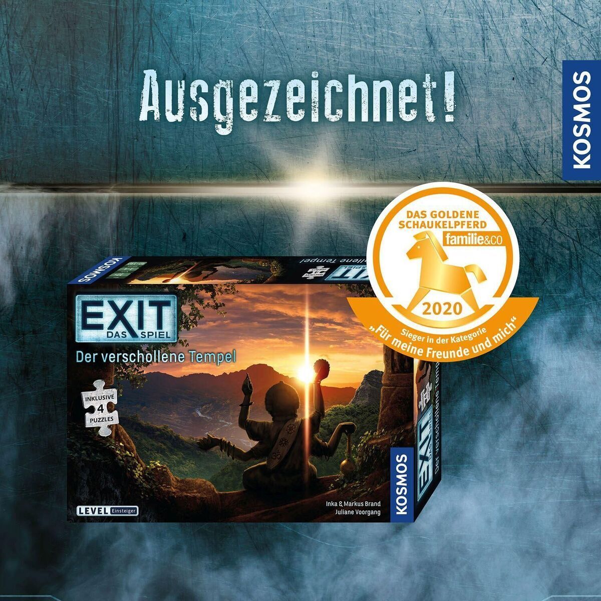 EXIT - Das Spiel und Puzzle: Der verschollene Tempel Verpackung mit einem abenteuerlichen Bild eines Tempels im Dschungel und einem Award-Siegel. Im Hintergrund erscheint der Text 'Ausgezeichnet!' und das Kosmos-Logo ist rechts zu sehen.