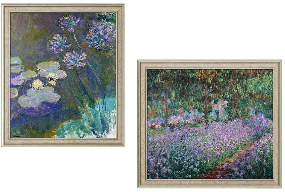 Zwei gerahmte Kunstdrucke: links 'Gelbe Seerosen und Agapanthus' von Claude Monet, zeigt gelbe Seerosen auf einem Teich mit lilafarbenen und blauen Blüten; rechts 'Irisbeet in Monets Garten', zeigt eine blühende Iriswiese unter grünen Bäumen im Garten von Monet. Beide Werke sind impressionistisch und farbenfroh gestaltet.