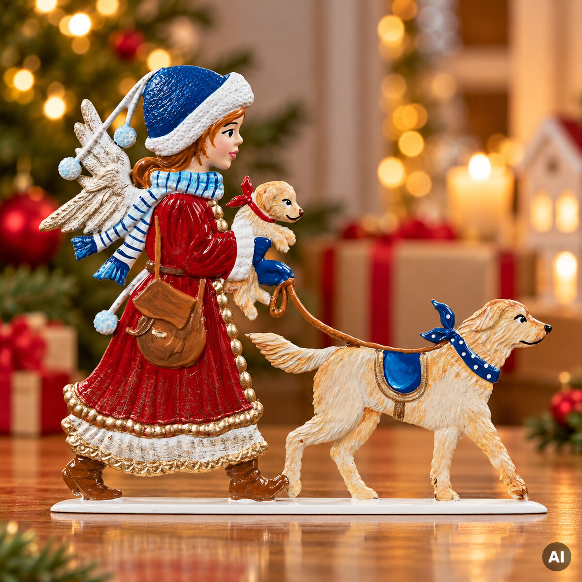 Detailreiche Zinnfigur »Engel mit Hund im Weihnachtspark« von Wilhelm Schweizer Zinnmanufaktur. Ein Engel im roten Mantel mit blauer Mütze führt einen goldfarbenen Hund an der Leine und trägt einen kleinen Hund. Im Hintergrund verschwommene Weihnachtsgeschenke, Tannengrün und Lichter.