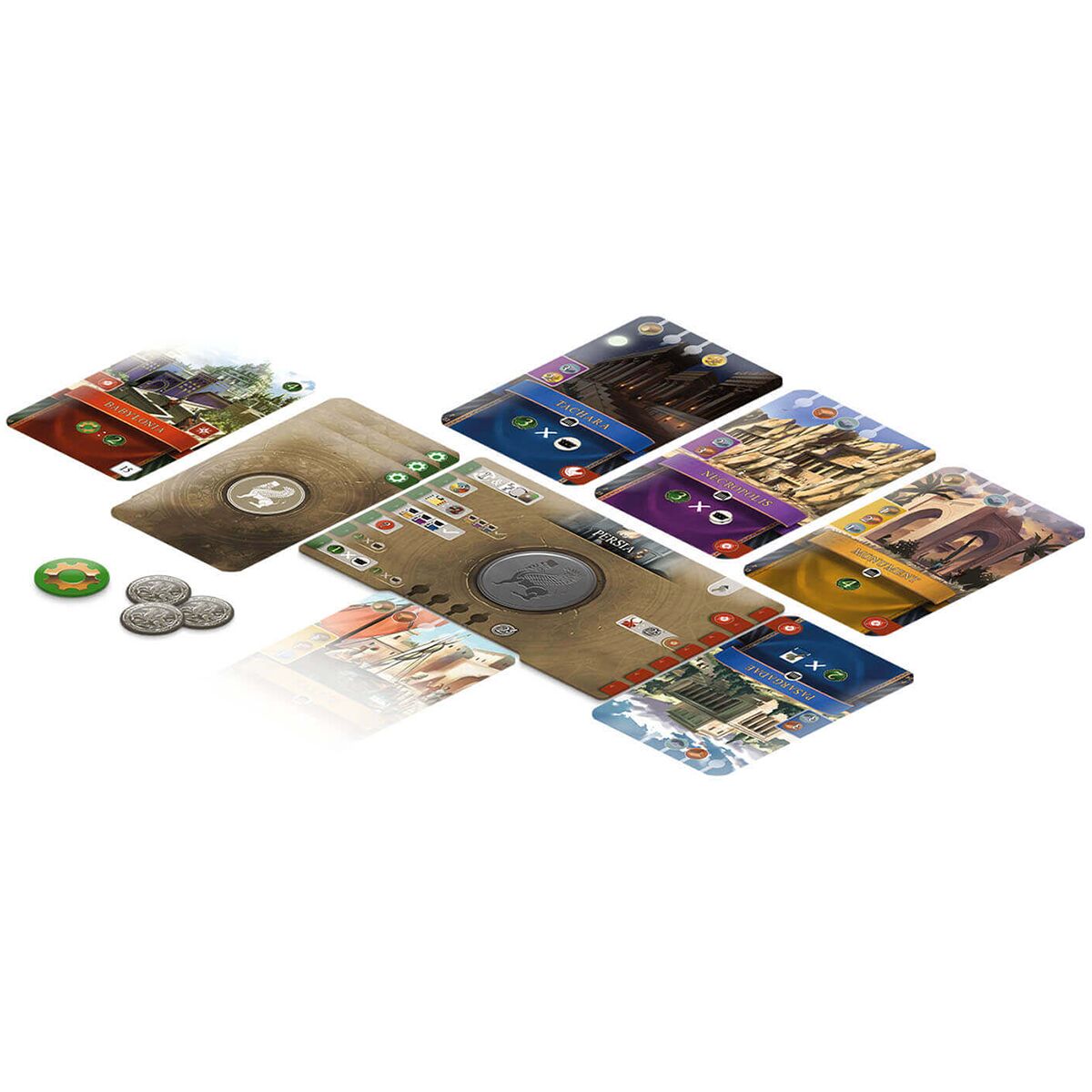 Foto des Brettspiels »Rising Cultures« mit mehreren Spielkarten, farbigen Spielplättchen und Münzen auf weißem Hintergrund. Die Karten zeigen unterschiedliche Gebäude und Kulturen. Das Spielmaterial ist ordentlich angeordnet und wirkt hochwertig.