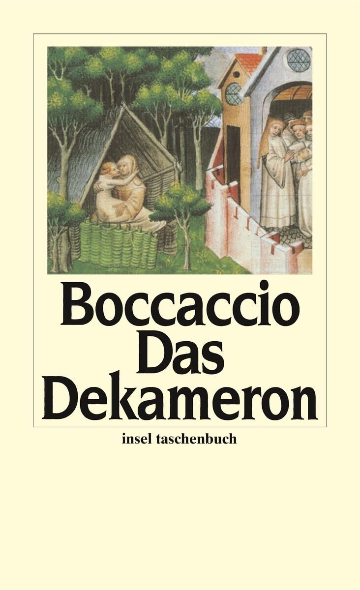 Ein Buchcover von 'Boccaccio: Das Dekameron' aus der Reihe Insel Taschenbuch. Das Cover zeigt eine mittelalterliche Illustration von zwei Paaren in unterschiedlichen Szenen. Der Titel des Buches ist in großen schwarzen Buchstaben auf einem beigen Hintergrund geschrieben.