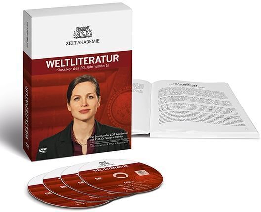 Das Produkt 'Weltliteratur-Seminar' der Zeit Akademie besteht aus einer Box mit mehreren DVDs und einem begleitenden Buch. Das Design ist hauptsächlich in Rot, Weiß und Schwarz gehalten. Auf dem Cover ist eine Frau abgebildet, daneben sind die DVDs und das aufgeschlagene Buch zu sehen.